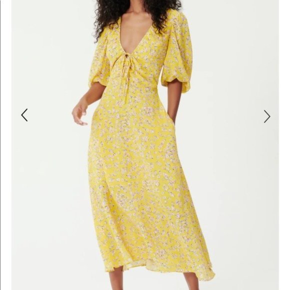 NICHOLAS Yellow Floral A-Line Midi Dress V Neck Puff Sleeve Tea Length US 4 New - Picture 9 of 10